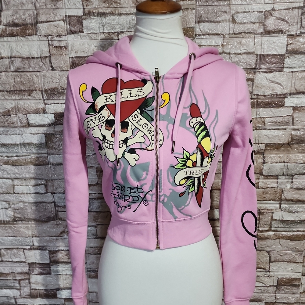 Ed Hardy Pink Graphic Full Zip Hoodie